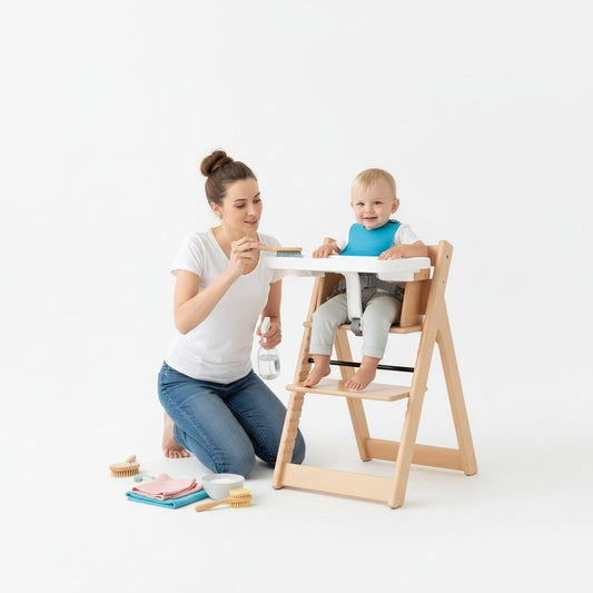 parent wiping down baby high chair tray after meal