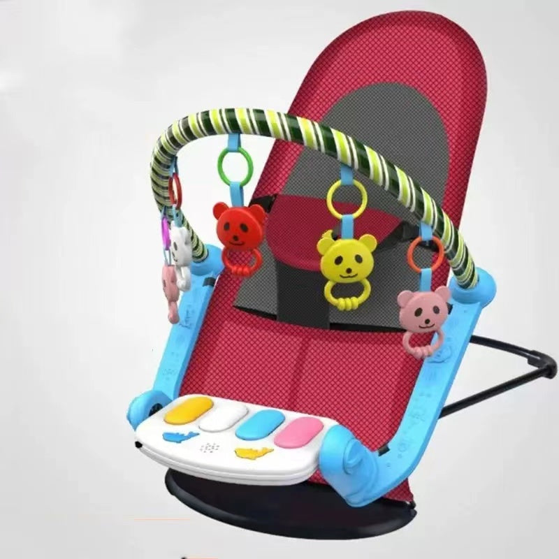 Baby bouncer with colorful toys and keyboard on a white background