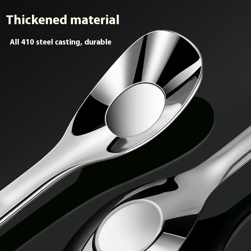 Stainless steel spoon with text highlighting thick material and durable quality on a black background