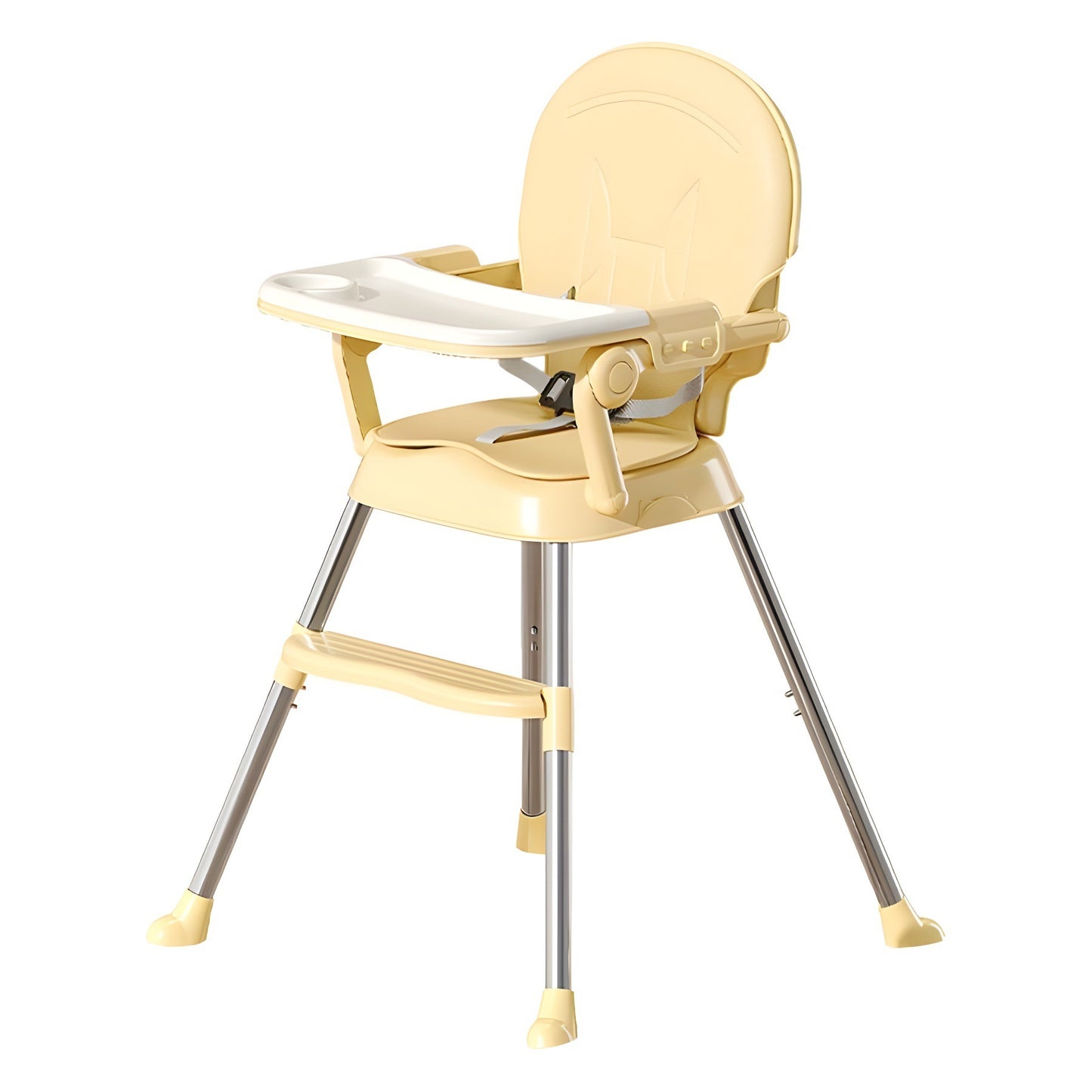 Beige baby high chair with a white tray on a white background
