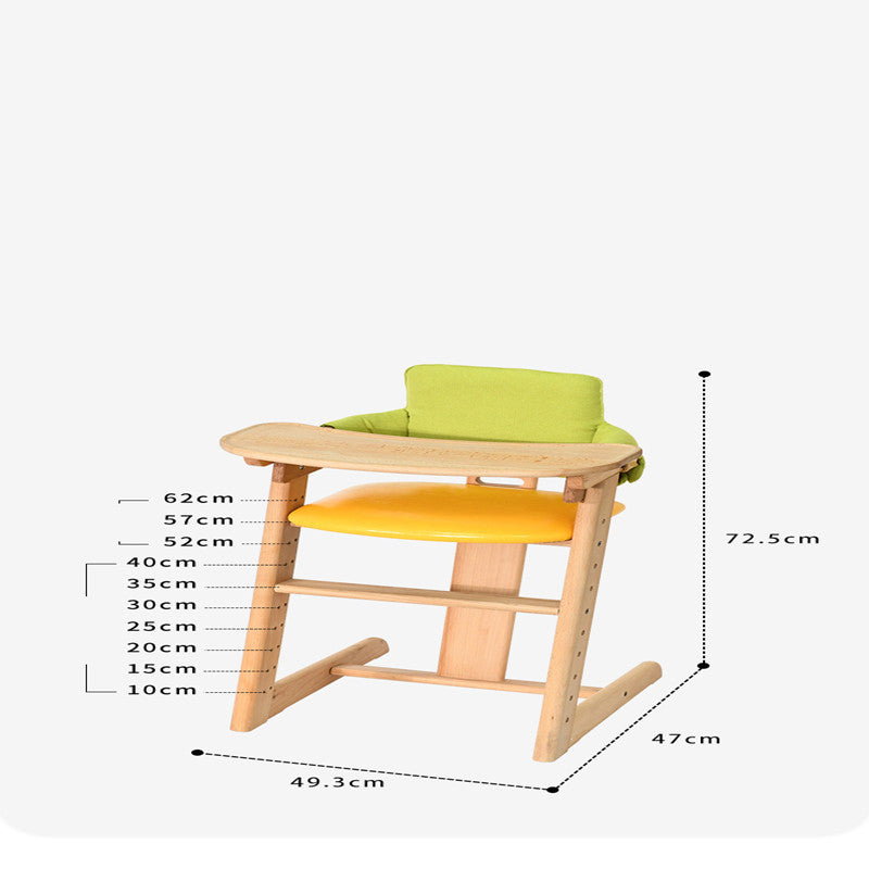Wooden high chair with green and orange cushions, showing dimensions on a white background