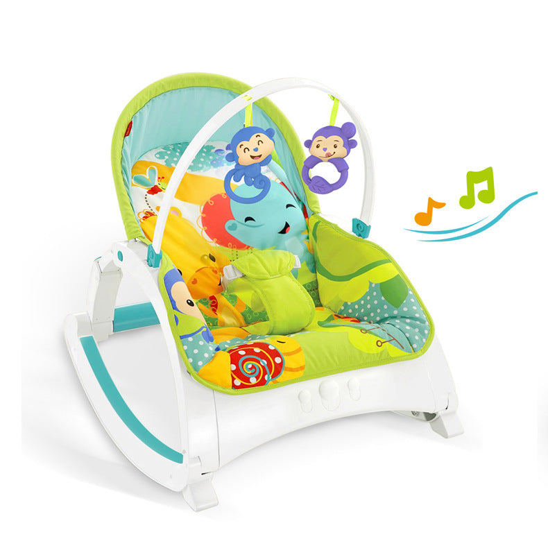 Colorful baby bouncer with cartoon characters on a white background