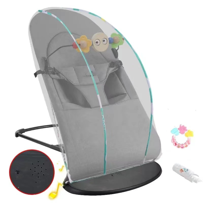 Gray baby bouncer with canopy and toys on a white background