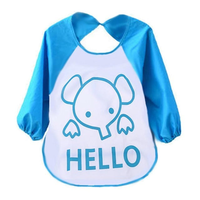 Blue and white bib with cartoon frog design and 'HELLO' text on a white background
