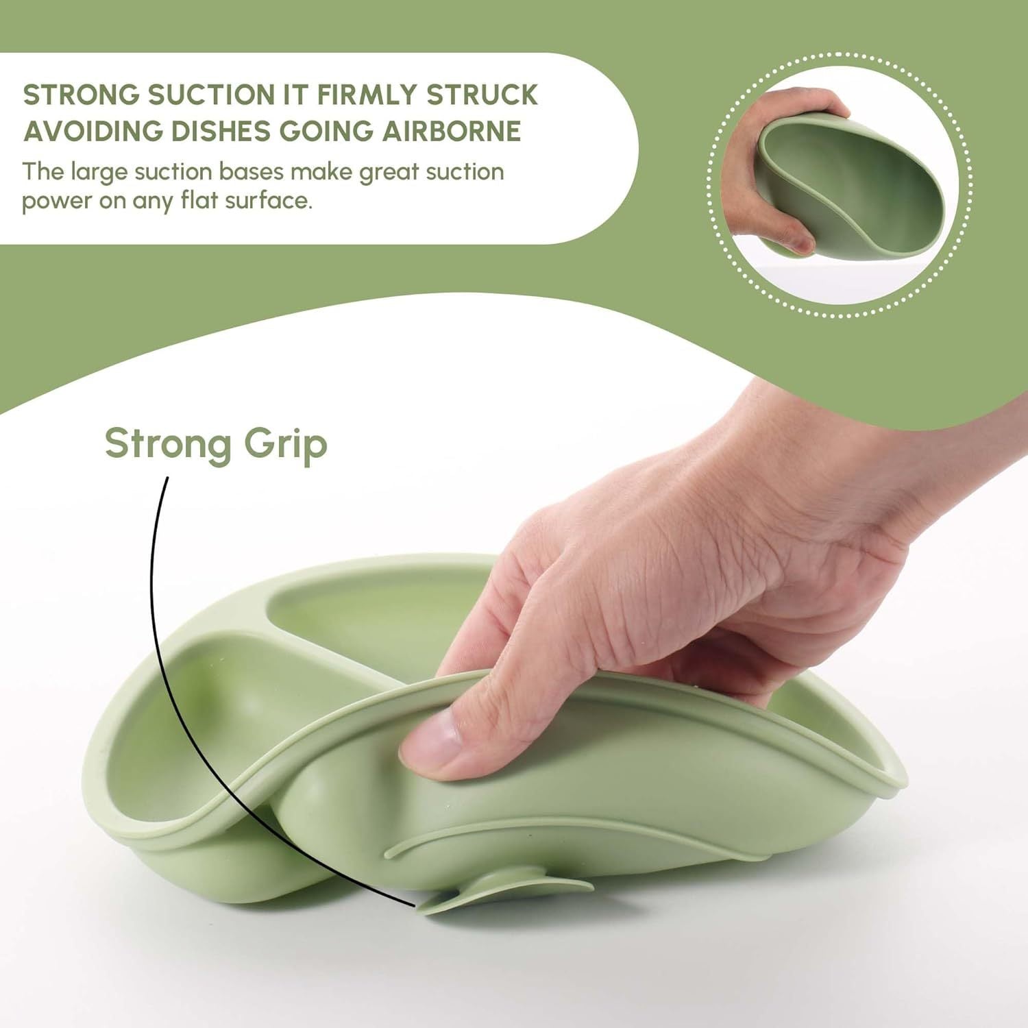 Green suction dish drainer held by a hand with text highlighting its strong grip and suction capabilities.