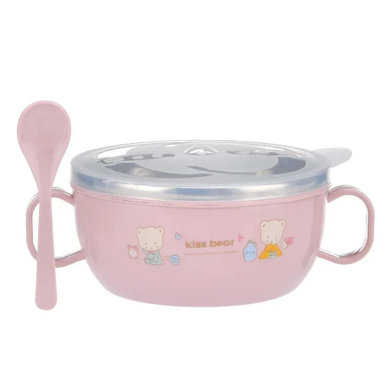 Adorable Cartoon Stainless Steel Baby Feeding Bowl Set - BPA Free, Insulated 300ml with Spoon for Kids
