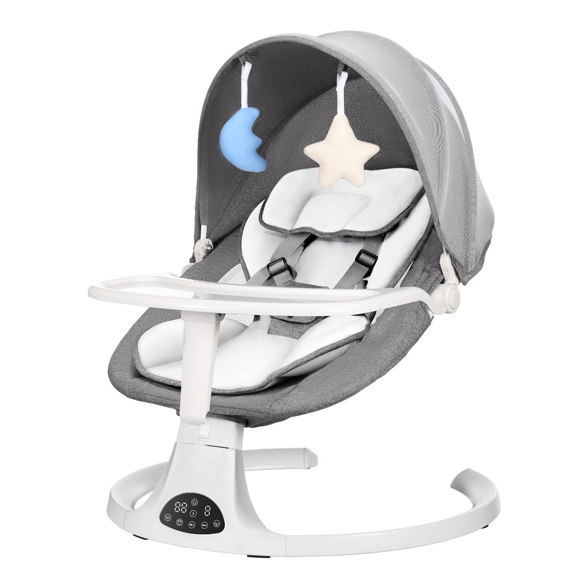 Baby swing with gray cover and colorful hanging toys on a white background
