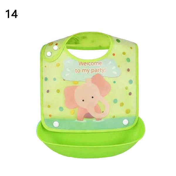 Green baby bib with elephant design and text on a white background