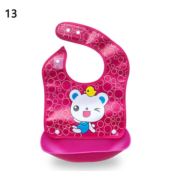 Pink children's bib with cartoon design on a white background