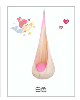 Pink and beige hanging chair with cartoon character on a white background
