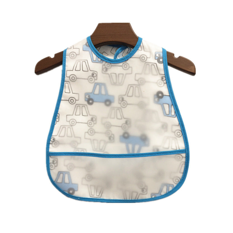 Baby bib with car pattern on a wooden hanger against a white background