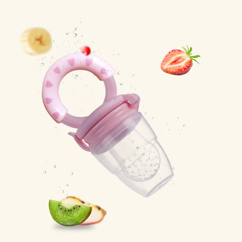 Pink baby fruit feeder with fruits like banana, strawberry, and kiwi on a white background