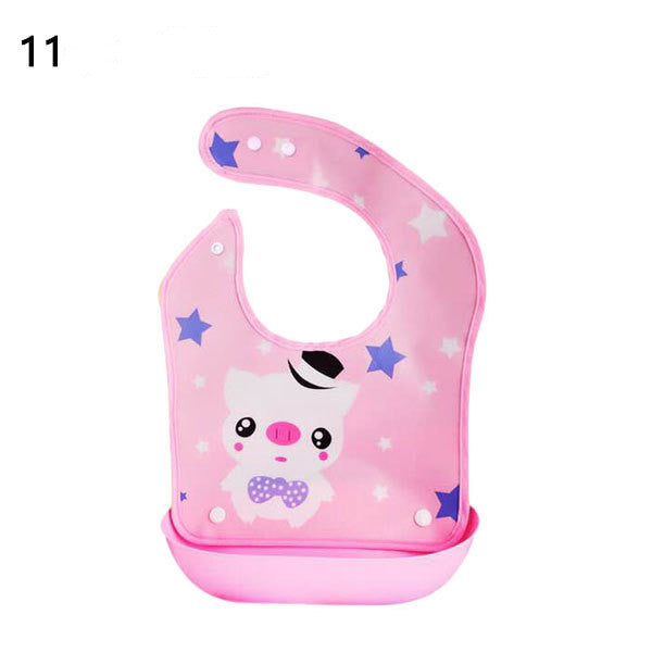 Pink baby bib with cartoon cat design on a white background
