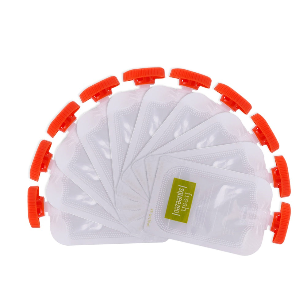 Set of white mesh bags with red sealing tabs on a white background