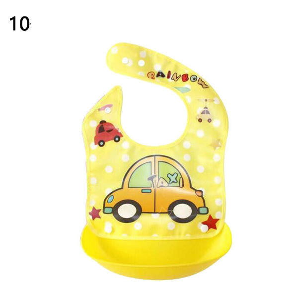 Yellow baby bib with cartoon car design on a white background