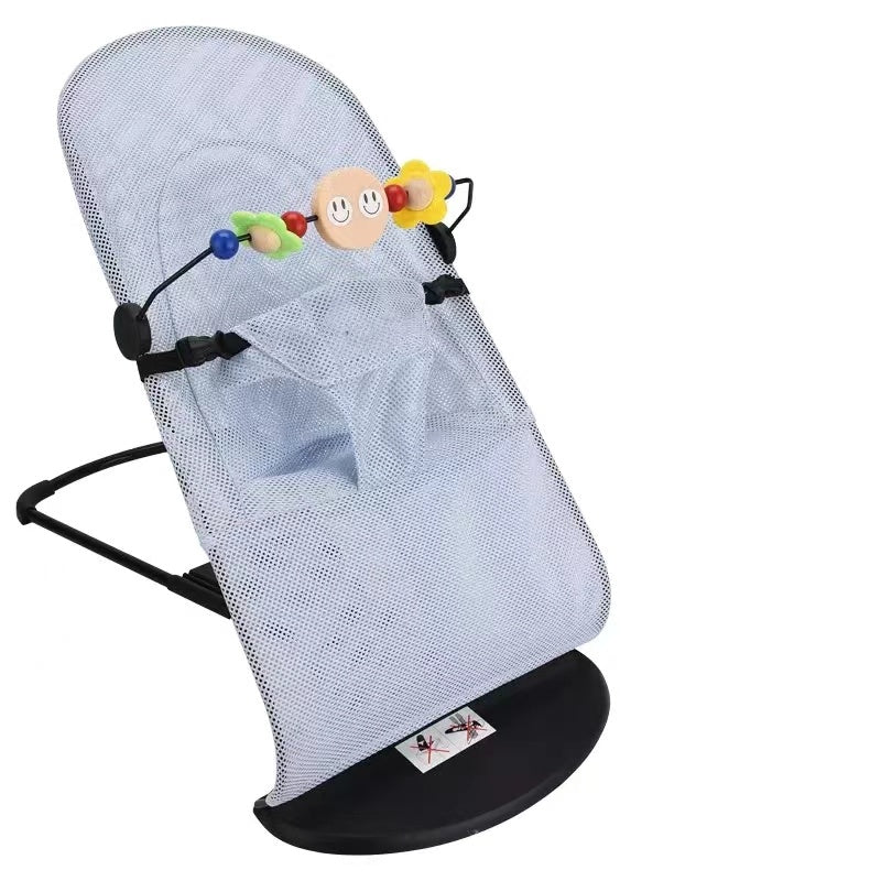 Baby bouncer with colorful toy on a white background