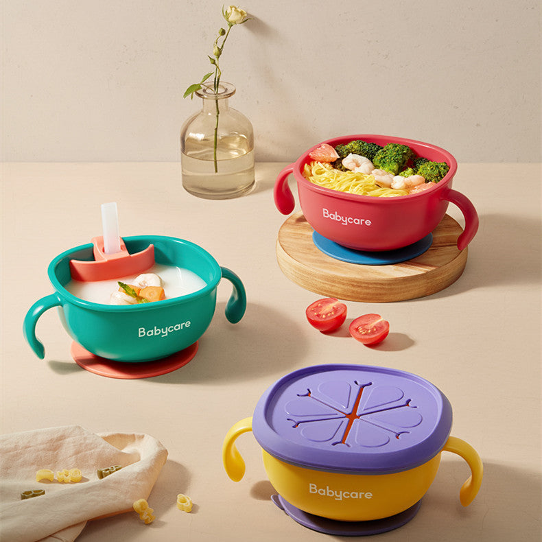Colorful baby feeding cups with 'Babycare' branding on a neutral background