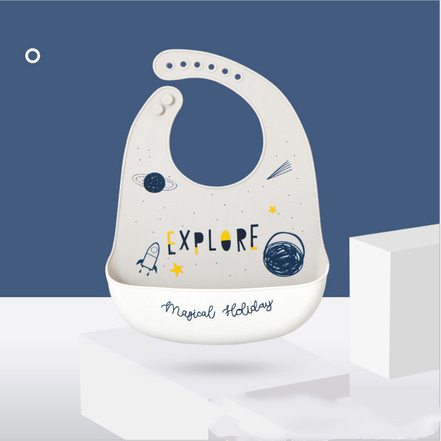Baby bib with space-themed design on a blue background