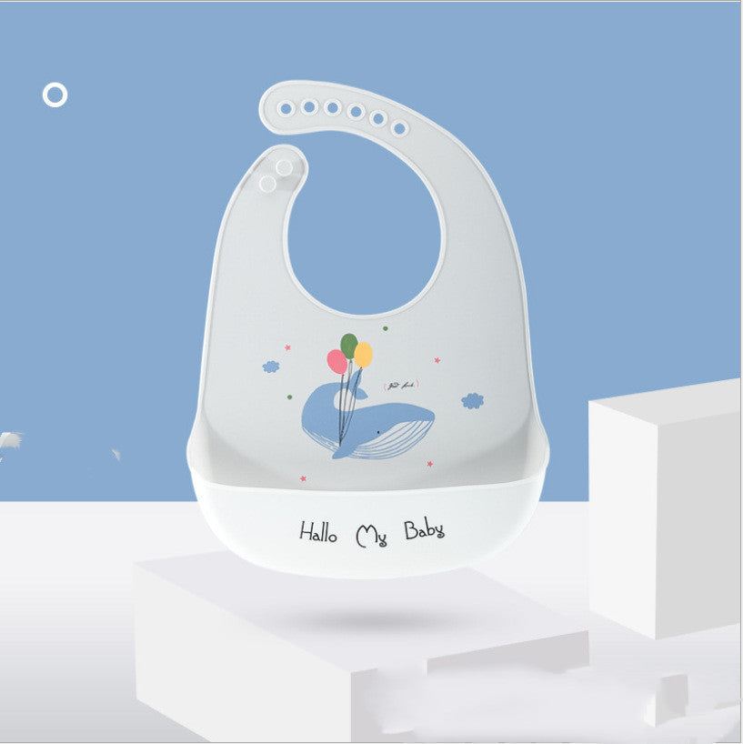 Baby bib with whale design and 'Hello My Baby' text on a blue background