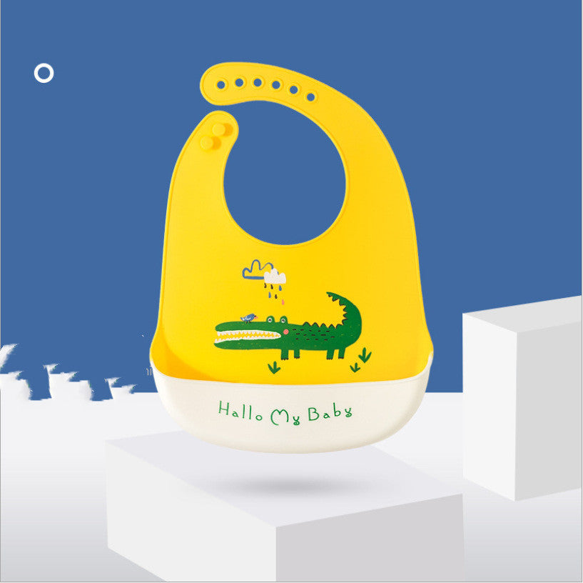 Yellow baby bib with crocodile design and 'Hello My Baby' text on a blue background