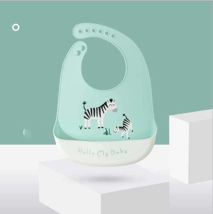 Light blue silicone bib with zebra design on a light green background