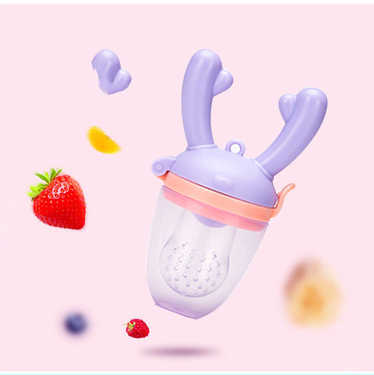 Purple and pink fruit feeder with a strawberry on a light pink background