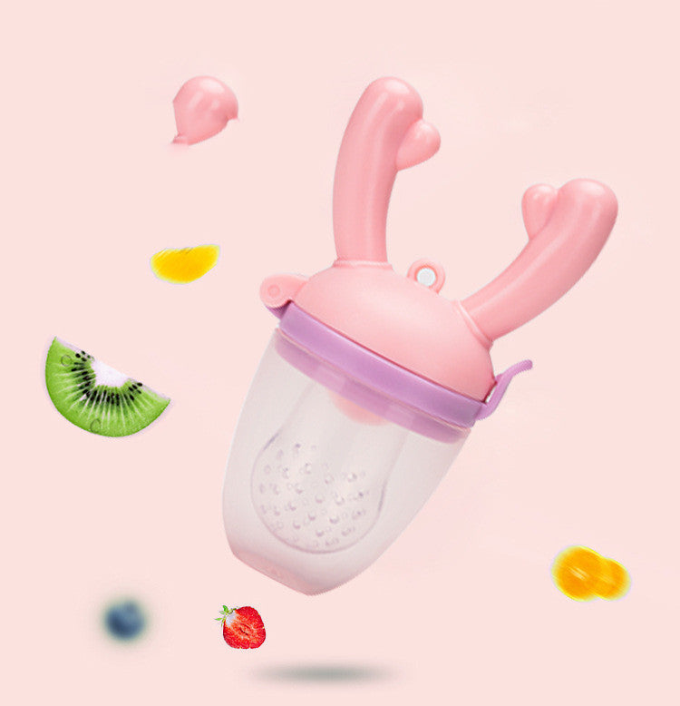 Pink and white fruit feeder with kiwi and strawberry illustrations on a pink background