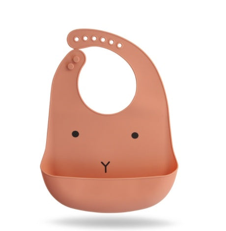 Children's silicone bib with animal face design on a white background
