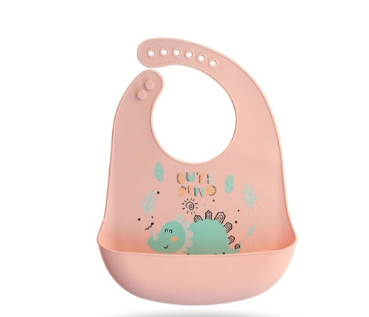 Pink silicone bib with dinosaur design on a white background