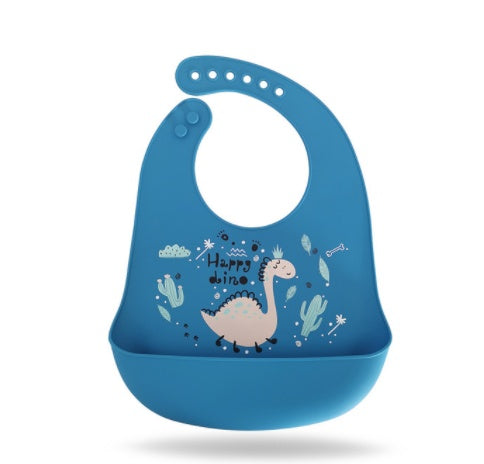 Blue silicone bib with dinosaur design on a white background