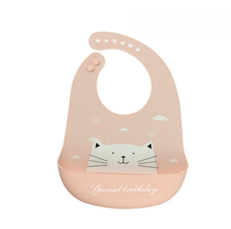 Pink silicone bib with cat design and 'Special Birthday' text on a white background