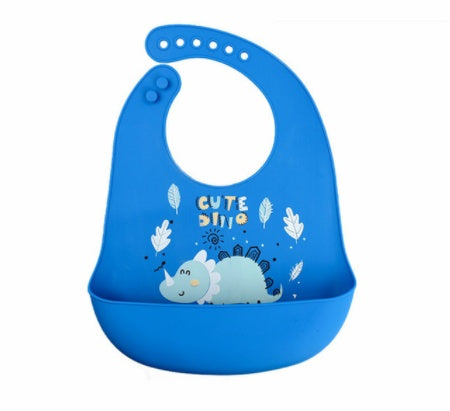 Blue children's bib with dinosaur design and 'Cute Dino!' text on a white background