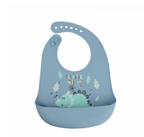Blue silicone bib with dinosaur design on a white background