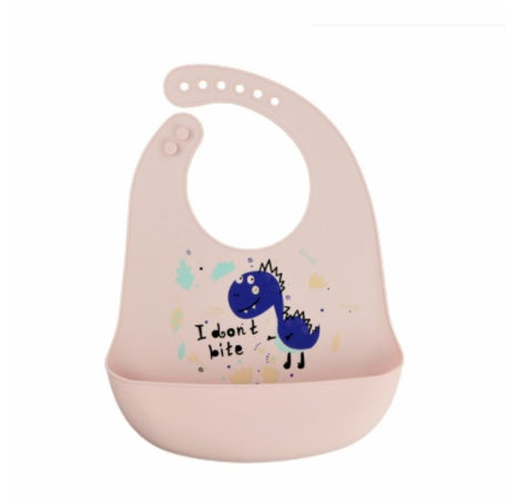 Pink silicone bib with dinosaur design and text on a white background