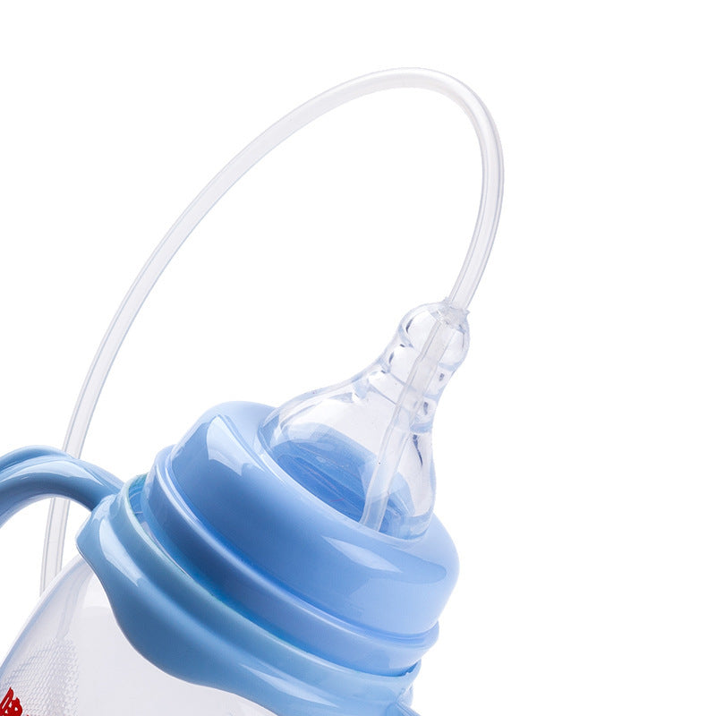 Close-up of a blue baby bottle with a clear nipple on a white background