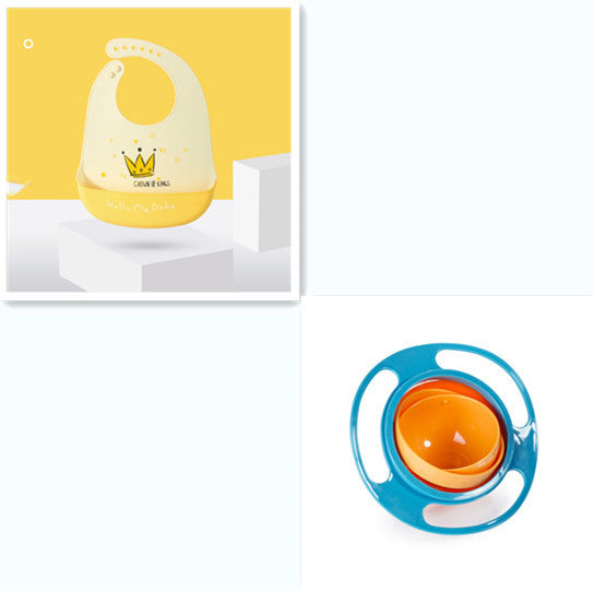 Baby bib with crown design on a yellow background and a blue and orange sippy cup.