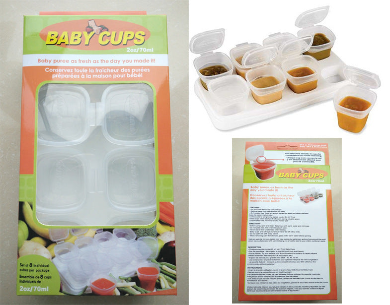 Baby food packaging with containers and a tray on a white background