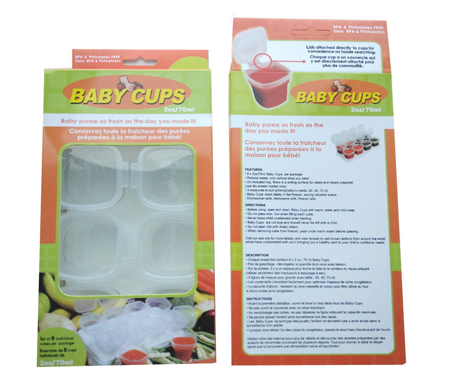 Packaging of BABY CUPS with images and text on a white background