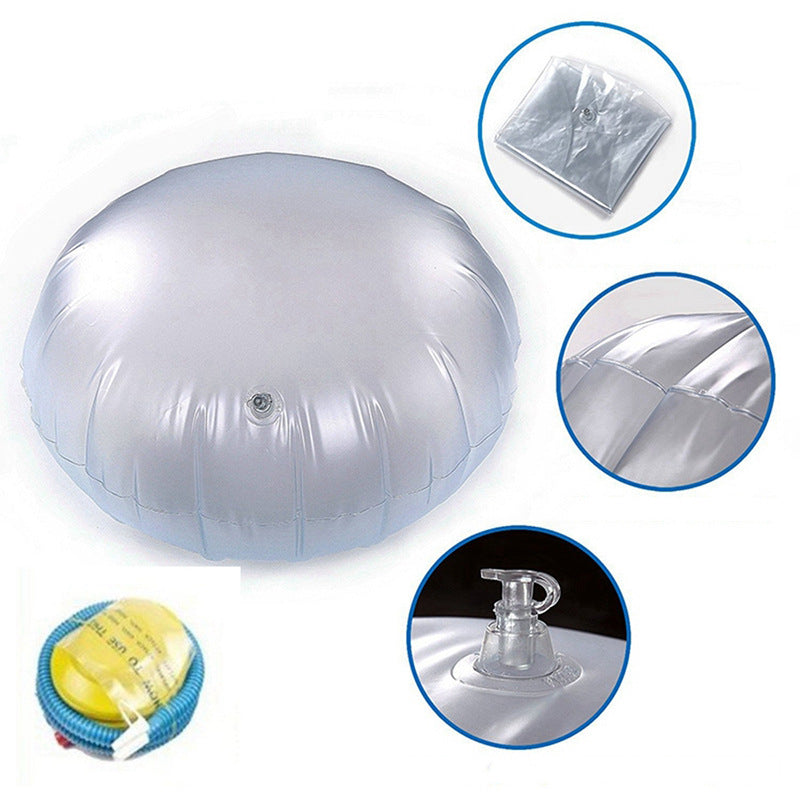Clear inflatable pool float with close-up details on a white background