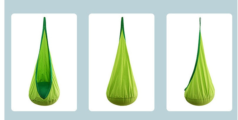 Three green hanging nests on a light blue background
