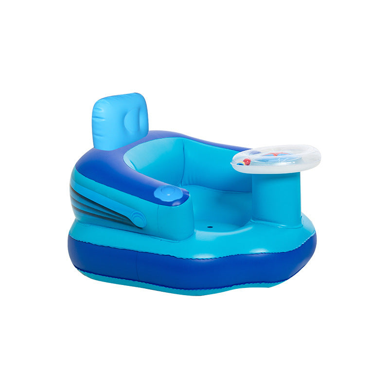 Blue inflatable baby seat with steering wheel on a white background