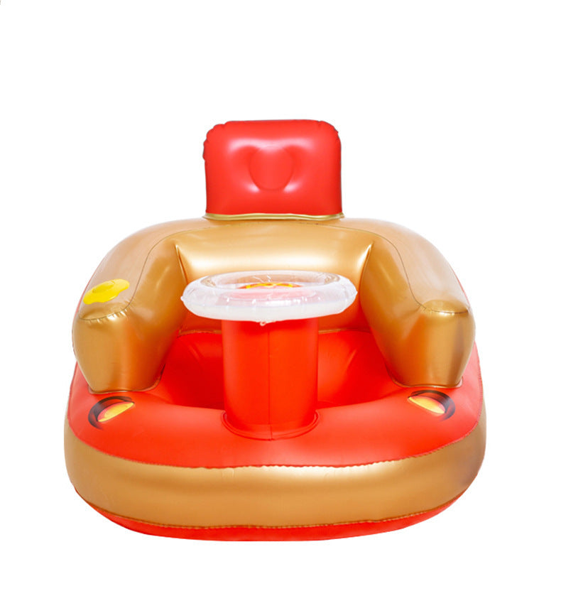 Inflatable baby seat with red top and beige body on a white background