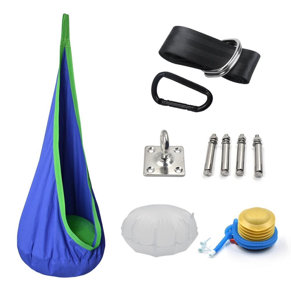 Blue and green swing set with accessories on a white background