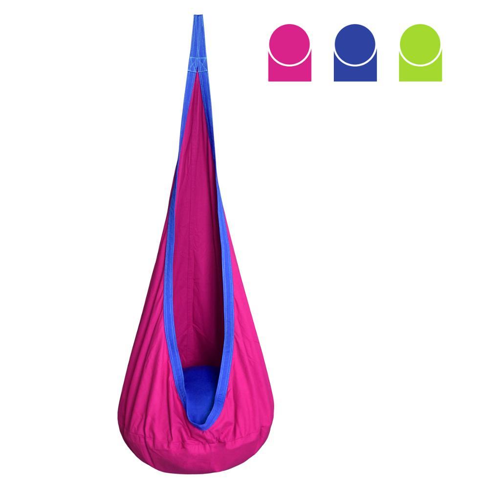Pink and blue hanging chair with color options displayed above on a white background