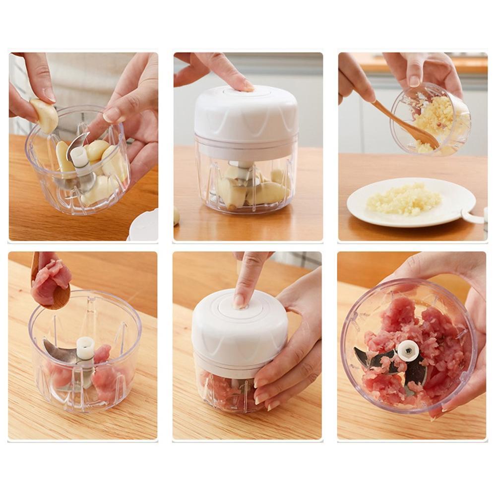 Collage of a hand-held food chopper being used to chop garlic and other ingredients.