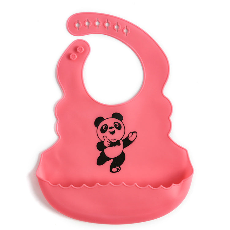 Pink silicone bib with a panda design on a white background