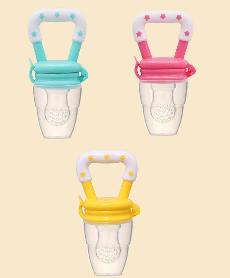 Three baby pacifiers with colorful clips on a beige background