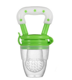 Green and white baby teether on a white background