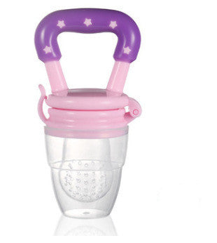 Purple and pink baby food feeder on a white background