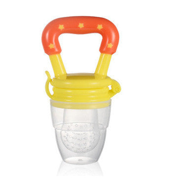 Yellow and red baby food feeder on a white background